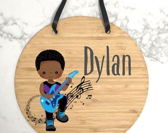 Personalised Wooden Hanging Sign | Guitar Boy | Music | Guitarist | Door Sign | Bedroom Sign | Name Sign | Nursery Decor | Plaque hanging