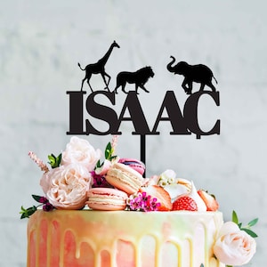 Safaridieren met naam taarttopper - junglethema, jungledieren, gepersonaliseerde taarttopper