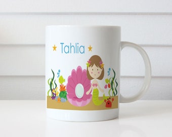Taza de café personalizada con diseño de sirena morena: taza o vaso con nombre personalizado de sirena novedoso para niños o adultos: taza de regalo con temática de sirena para niños o adultos