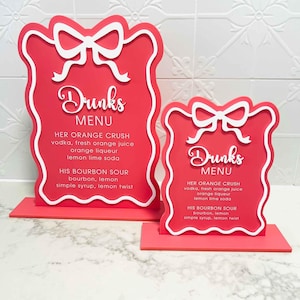 Pretty Bow Drinks Sign – Custom Acrylic Bar Menu – Pink Freestanding Party Sign