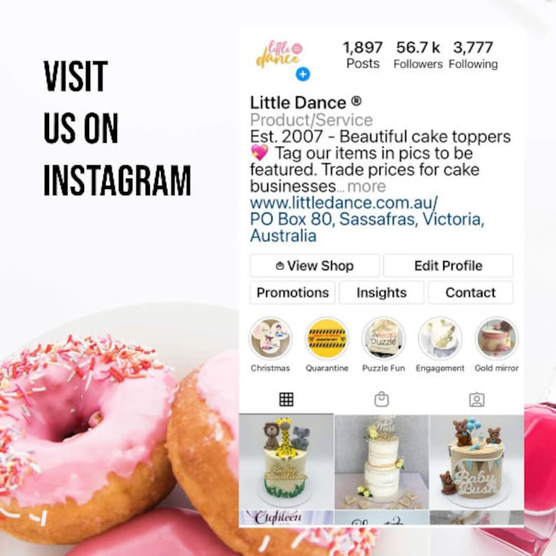 May include: A pink and white frosted donut with red and white sprinkles. The donut is on a white plate with a second donut in the background. The image is from a social media page for a business called "Little Dance" that makes cake toppers. The text on the page says "Est. 2007 - Beautiful cake toppers. Tag our items in pics to be featured. Trade prices for cake businesses... more. www.littledance.com.au/ PO Box 80, Sassafras, Victoria, Australia."