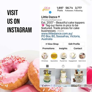 May include: Instagram page for Little Dance, a cake topper business established in 2007. The page features a pink and white donut with sprinkles, a photo of a cake with a giraffe and zebra topper, and a photo of a cake with a baby bush topper. The page also includes information about the business, including its website and contact information.