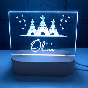 Boho Tee Pee&#39;s Personalised Night Light, Night Light, Kids Bedroom, Nursery Night Light, Custom Night Light, Child&#39;s Playroom, Gift For Kids