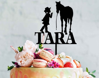 Horse Theme Birthday Cake Topper - Name & Girl with Horse - Equestrian or Horse Riders Birthday Party Cake Decoration Topper Girls Birthday