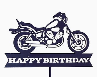 Harley Inspired Happy Birthday Motorbike Cake Topper - Happy Birthday Chopper Cake Decoration - Motorcycle Biker Cake Topper Decoration