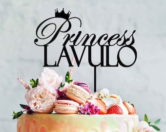 Topper de pastel de princesa personalizado con nombre - Decoración de pastel de fiesta de cumpleaños de princesa para niñas - Corona de princesa - Topper de pastel de cumpleaños personalizado