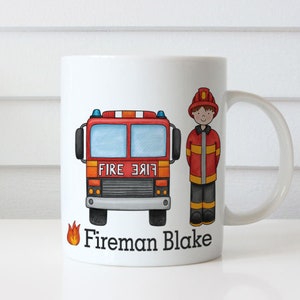 Personalised Fireman Coffee Mug - Kids or Adult Novelty Fireman Custom Name Mug or Cup - Firemen themed Gift Mug for Kids or Adults