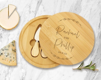 Personalised &quot;Couples Names&quot; Engraved Bamboo cheese board set, Cheese Platter with Knives, Custom Cheese Board Set, Personalised Gift