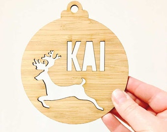Personalised Christmas Tree Bauble with Your Name on it - Custom Reindeer Theme #2 Xmas Tree Gift Name Bauble - Christmas Name Gift Presents