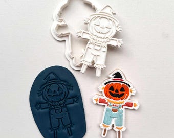 Sello y cortador de galletas con forma de calabaza de espantapájaros (regalo) – Grabado en relieve – 90 x 60 mm
