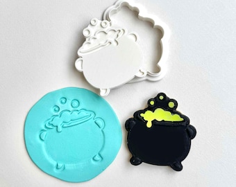 Sello y cortador de galletas de caldero: herramienta de fondant impresa en 3D para Halloween