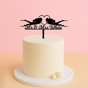 Scuba Diver Wedding Cake Topper – Mr & Mrs Custom Surname for Ocean Lovers