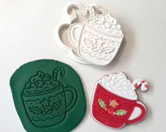 Sello y cortador de galletas de chocolate caliente navideño – Relieve – 90 mm x 90 mm