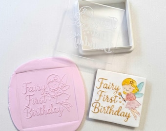 Sello de galleta "Primer cumpleaños de hada" – Sello y cortador de fondant acrílico en relieve