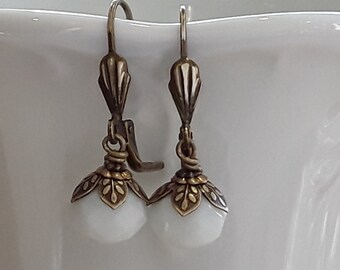 Earrings-Glass Beads-white-Bronze