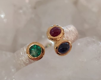 Gemstone ring with ruby, sapphire and emerald / partially gold-plated - size. 56