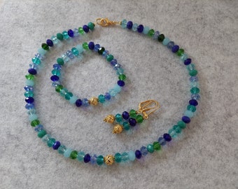 SET*** collier + bracelet + boucles d'oreilles // perles de verre de bohème // couleurs de la mer / or