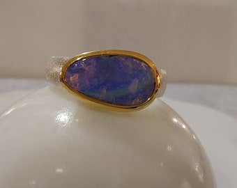 Silver ring with precious opal - partially gold plated - Gr. 57 1/8 // # 6