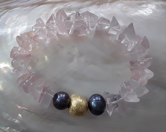 Gemstone bracelet / Rose quartz / Freshwater beads / Silver - gilded