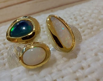 Statement ring with 2 noble opals and a boulderopal - partially gold-plated - size 55