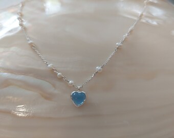 delicate silver necklace with small freshwater pearls and chalcedony pendant ** sterling silver