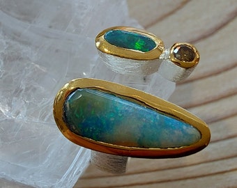 Statementring mit Edelopal, Boulderopal und Diamant - teilvergoldet - Gr. 55 - 56