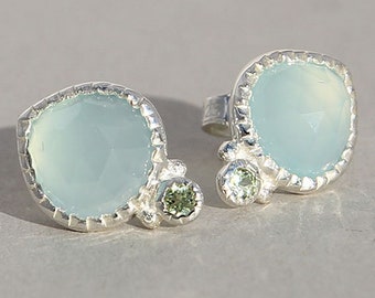 Stud Earrings *** Chalcedony and Peridot in Silver