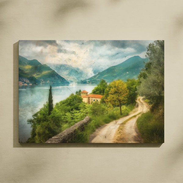Italian Countryside, Winding Road, Lake, Mountains, Landscape Oil Painting, Soft Tones, Country Decor, Instant Download,Countryside Wall Art