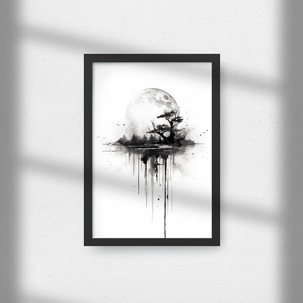 Moonlit Reverie Ink-Drop Art | Digital Print | High-Resolution Image | Instant Download | Home Office Wall Decor | Black and White