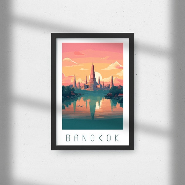 Bangkok Travel Poster | Thailand Print | Asian | Printable Wall Art | Digital Print | Instant Download | Illustration | Turquoise Green Pink