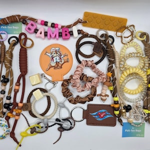 May include: A collection of accessories including brown braided wristlets with beads spelling BAMBI, a round orange Chip 'n Dale charm, brown and beige scrunchies, yellow spiral hair coils, a brown rectangular keychain with a blue and red graphic, and various beaded cords.