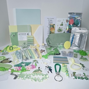 May include: A collection of stationery and accessories in shades of green, including a notebook, a pencil case, pens, stickers, keychains, a hair clip, and various small trinkets. The items feature themes related to The Princess and the Frog.