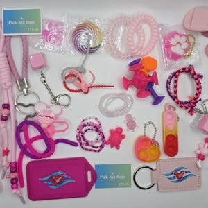 May include: A collection of pink and purple sensory toys, keychains, and accessories including beaded lanyards, silicone fidgets, spiral wrist coils, and two rectangular cards labeled Pick-See Bags ETS-24. The items feature various textures and shapes.