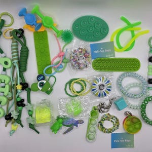 May include: A collection of green-themed sensory toys and accessories including a personalized keychain with the name PETER, silicone fidget strips, stretchy noodles, beaded bracelets, a small turtle figure, and two cards labeled Pick-See Bags ETS-17.