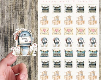 May include: A sheet of stickers featuring a vintage typewriter, a mailbox, and a stack of packages. The stickers are decorated with flowers and the words "Happy Mail".