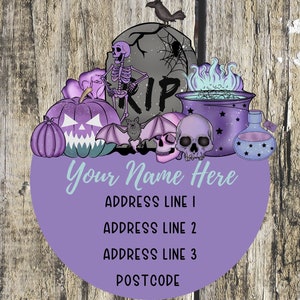 Etiquetas de dirección con forma de calavera morada