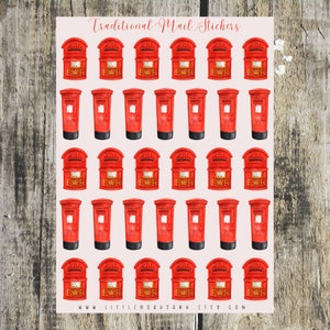 May include: A sheet of 36 red mail box stickers with a gold crown and the word "POST" on the front. The stickers are ideal for adding a touch of British charm to your crafts, planners, and more.
