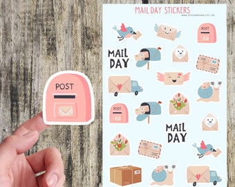 May include: A sheet of stickers featuring mail-themed illustrations. The stickers include a pink mailbox, a blue truck, envelopes, a snail, a bird, and the words "Mail Day".