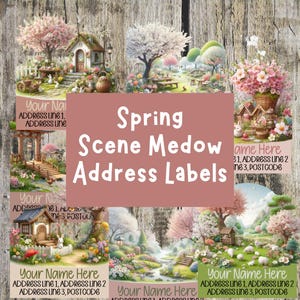 May include: Spring scene address labels featuring a range of images including a cottage, a meadow, and a stream. The labels can be personalised with your name and address.