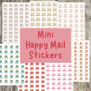 May include: Sheets of mini stickers featuring envelope and mail designs in beige, pink, blue, and red. The text "Mini Happy Mail Stickers" is displayed on a pink background. Ideal for crafting and stationery.