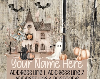 May include: A Halloween-themed address label with a witch flying on a broomstick, a haunted house, a ghost, and pumpkins. The label has a brown background with a torn edge and the text "Your Name Here" and "ADDRESS LINE 1, ADDRESS LINE 2 ADDRESS LINE 3, POSTCODE".