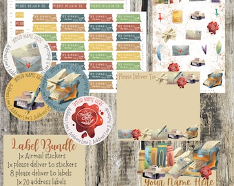 May include: A set of printable labels for envelopes and packages. The labels feature a vintage, watercolor style with illustrations of envelopes, pens, and a typewriter. The text on the labels reads "Please Deliver To" and "Your Name Here".