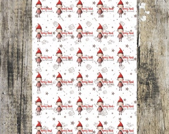 May include: Sheet of "Merry Mail Stickers" featuring illustrations of elves in red hats and striped shirts. Each sticker has the text "Your Merry Mail has arrived!" with a background of stars and gift boxes. The stickers are designed for holiday use.