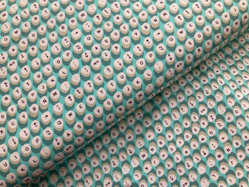 9 to 5 Fabric by Lysa Flower, PBS Fabrics, Typewriter Text Fabric, Aqua