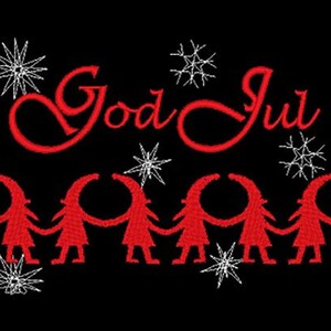 May include: Black background with red text that says "God Jul" and a line of red figures holding hands. White snowflakes are scattered around the text and figures. The image has a festive, holiday theme.