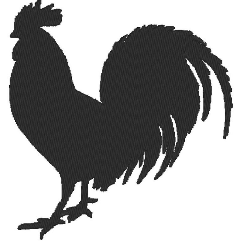Peut inclure: Silhouette noire d'un coq avec une grande queue flottante.