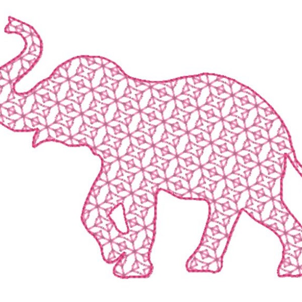 Elephant Embroidery Design File -(1) motif fill with bean stitch edge- (2) outline only bean stitch edge -4 sizes - instant download