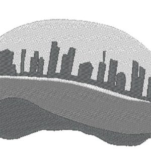 May include: A gray and white bean-shaped pillow with a cityscape silhouette embroidered on the front.