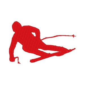 Peut inclure: Une silhouette rouge d'un skieur en position de descente, avec des bâtons de ski et des skis.