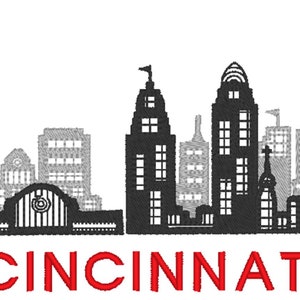 May include: Black and white silhouette of the Cincinnati skyline with the word "CINCINNATI" in red letters below.